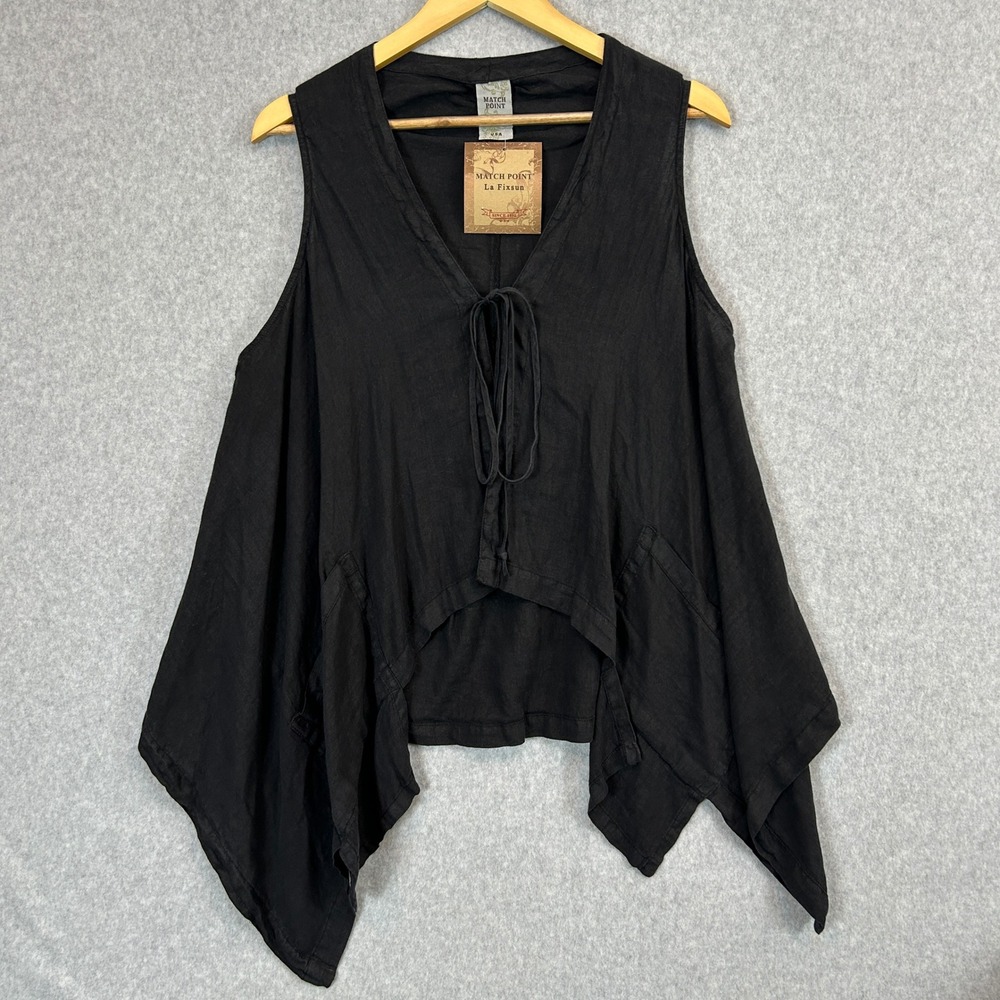 Match Point Large Linen Vest Black‎ Flowy Tie Front Top Whimsigoth Lagenlook NWT